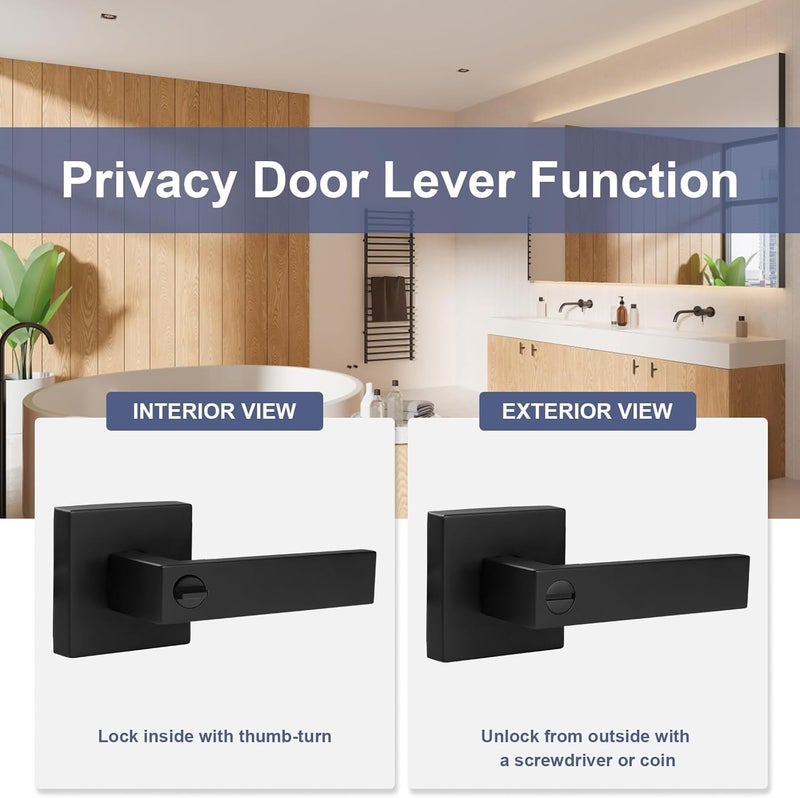 Estmoon 2 Pack Privacy Door Levers Door Handle Matte Black Interior Door Knobs Keyless Door Locks for Bedroom or Bathroom  Left or Right Handing Levers - Image 4